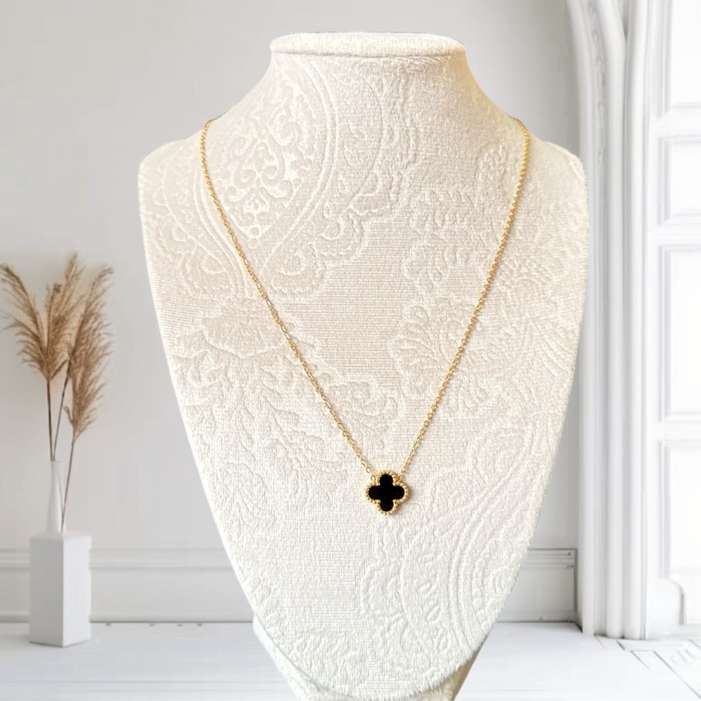 Gold Black Clover Necklace Double Sided Stainless Steel